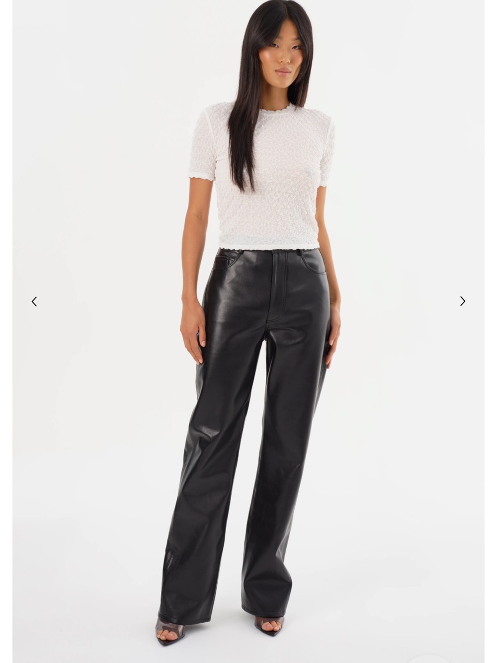 Cropped White Textured Tee with Black real Leather Wide-Leg Pants